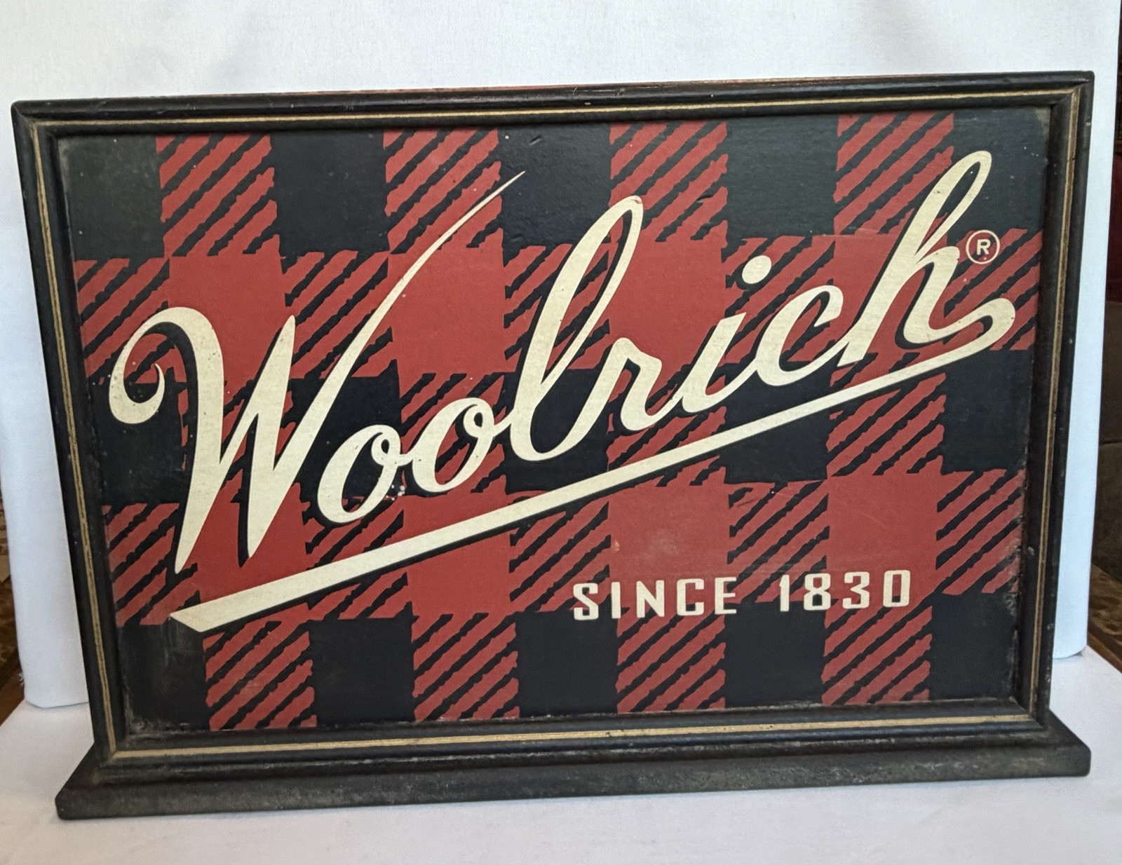 Woolrich Framed Wood Plaid Logo Sign, Red/Black/Beige 18×12 Horizontal