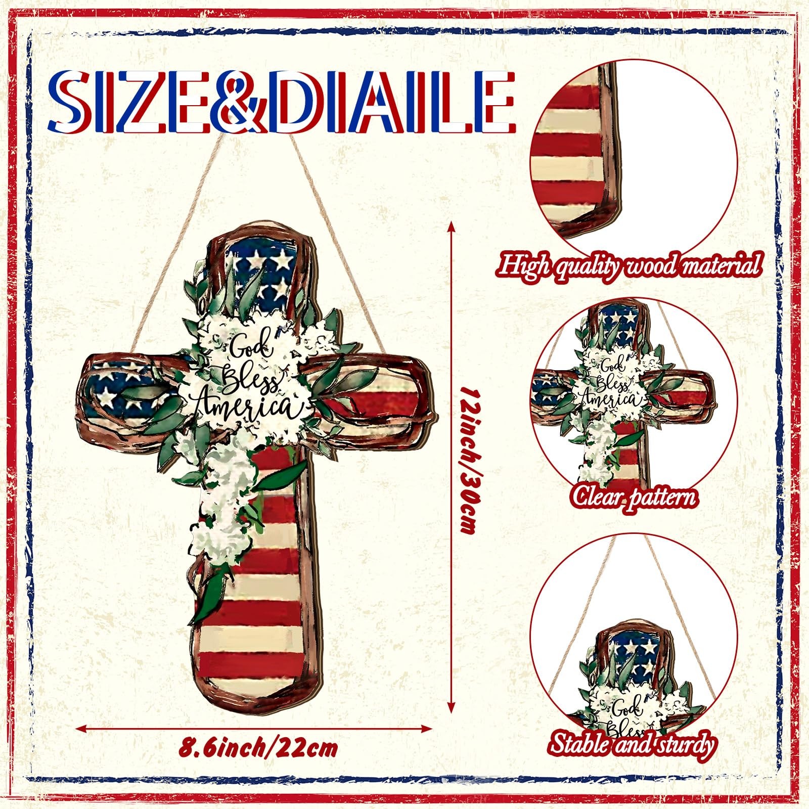 4Th of July Door Sign Patriotic Wreath God Bless American Door Hanger Wooden Pla