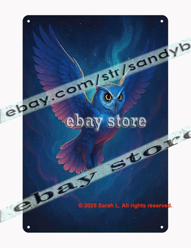 Aurora Owl Flight Tin Sign Mystic Night Wall Art 3D effect