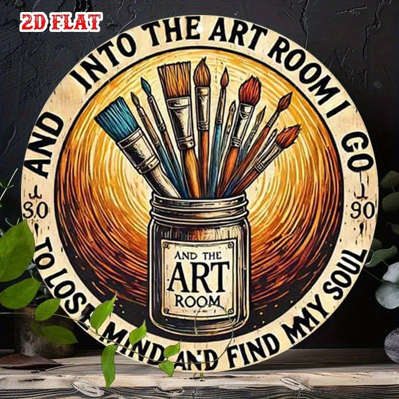 Into The Art Room Vintage Metal Sign Round Artist Studio Wall Art Decoration