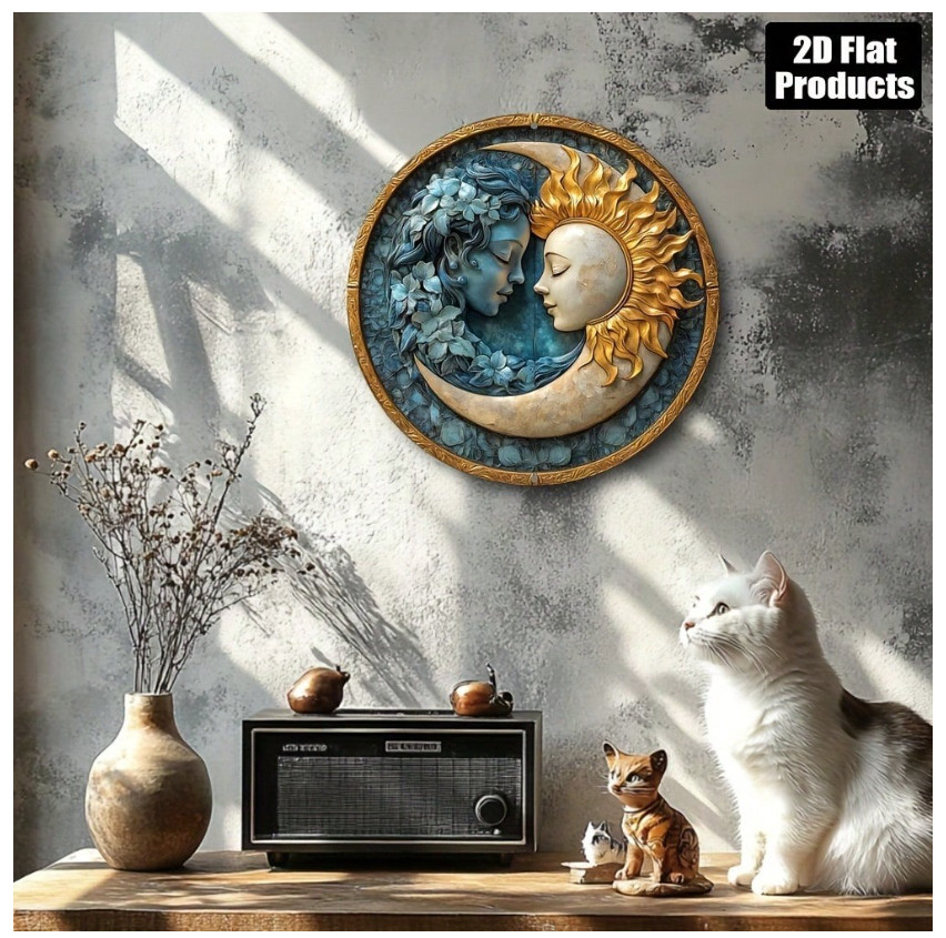 Sun And Moon Round Metal Wall Art Plaque – 8×8 Inches 2D Flat Aluminum Decorativ