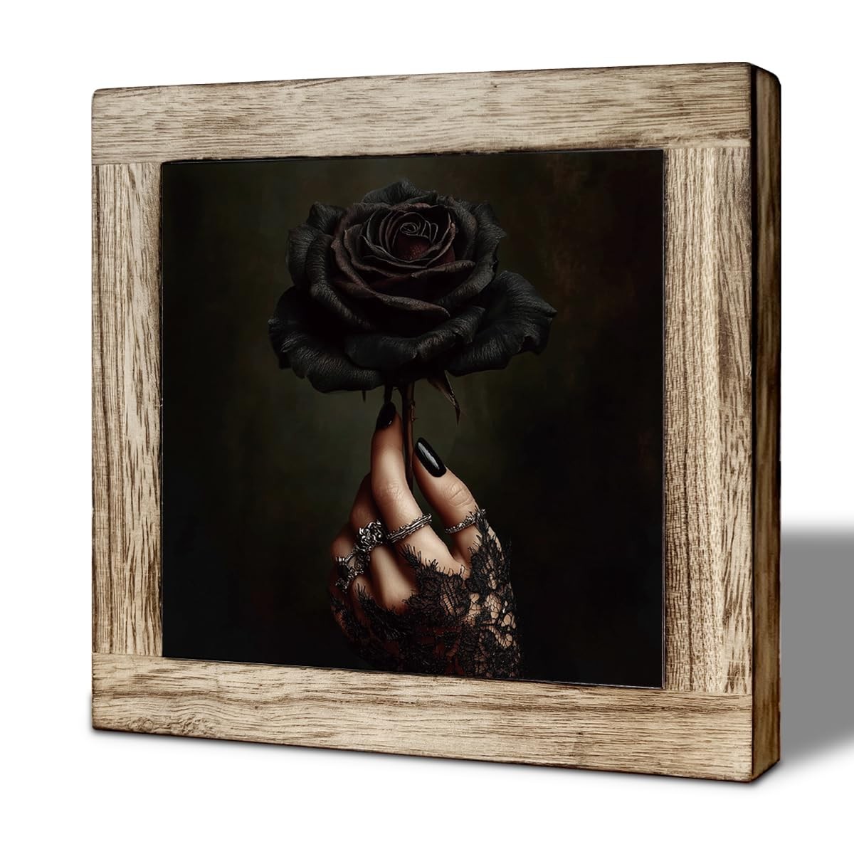 Gothic Black Rose Wooden Desktop Sign, Dark Academia Romantic Floral Wood Pla…