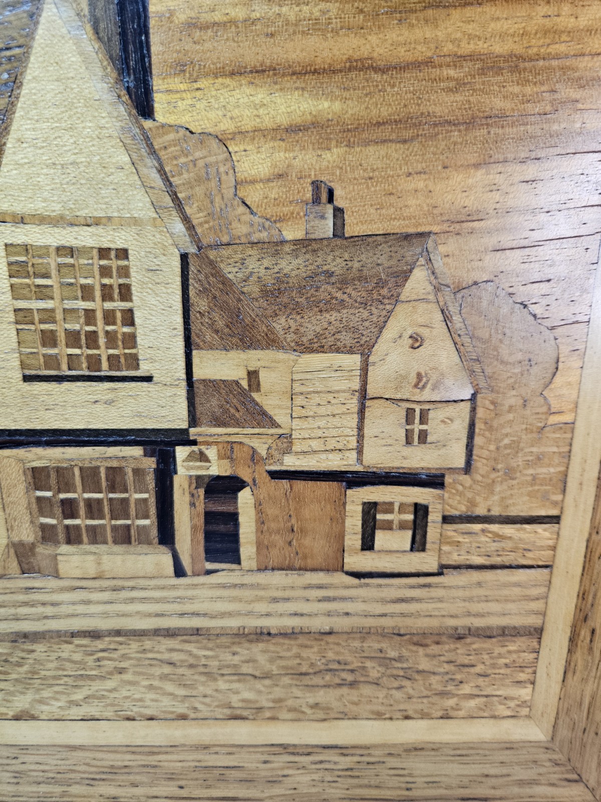 Vintage Wood Marquetry Inlay Village Scene Wall Art England Nov 1955 Framed