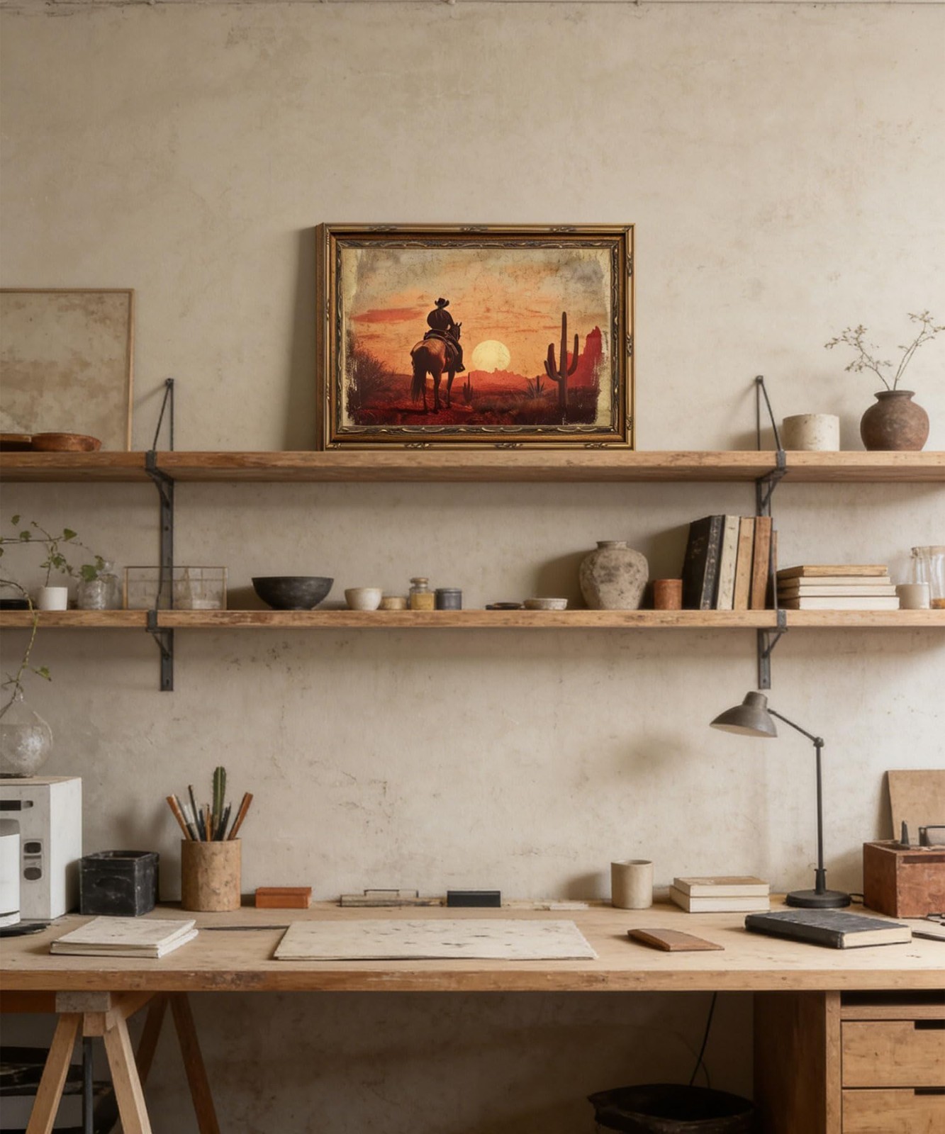 Vintage Gold Framed Cowboy Wall Art – Rustic Desert Sunset Horse Canvas Print 9x