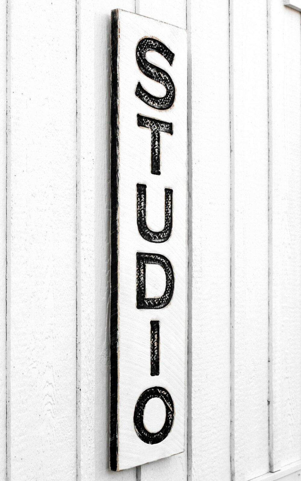 Vertical Studio Sign – Carved in a Solid Wood Board Rustic Distressed Office