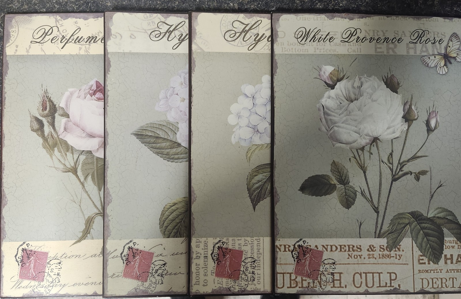 Vintage French Shabby Sheik Floral Metal Signs 14″ X 10″ Set Of 4