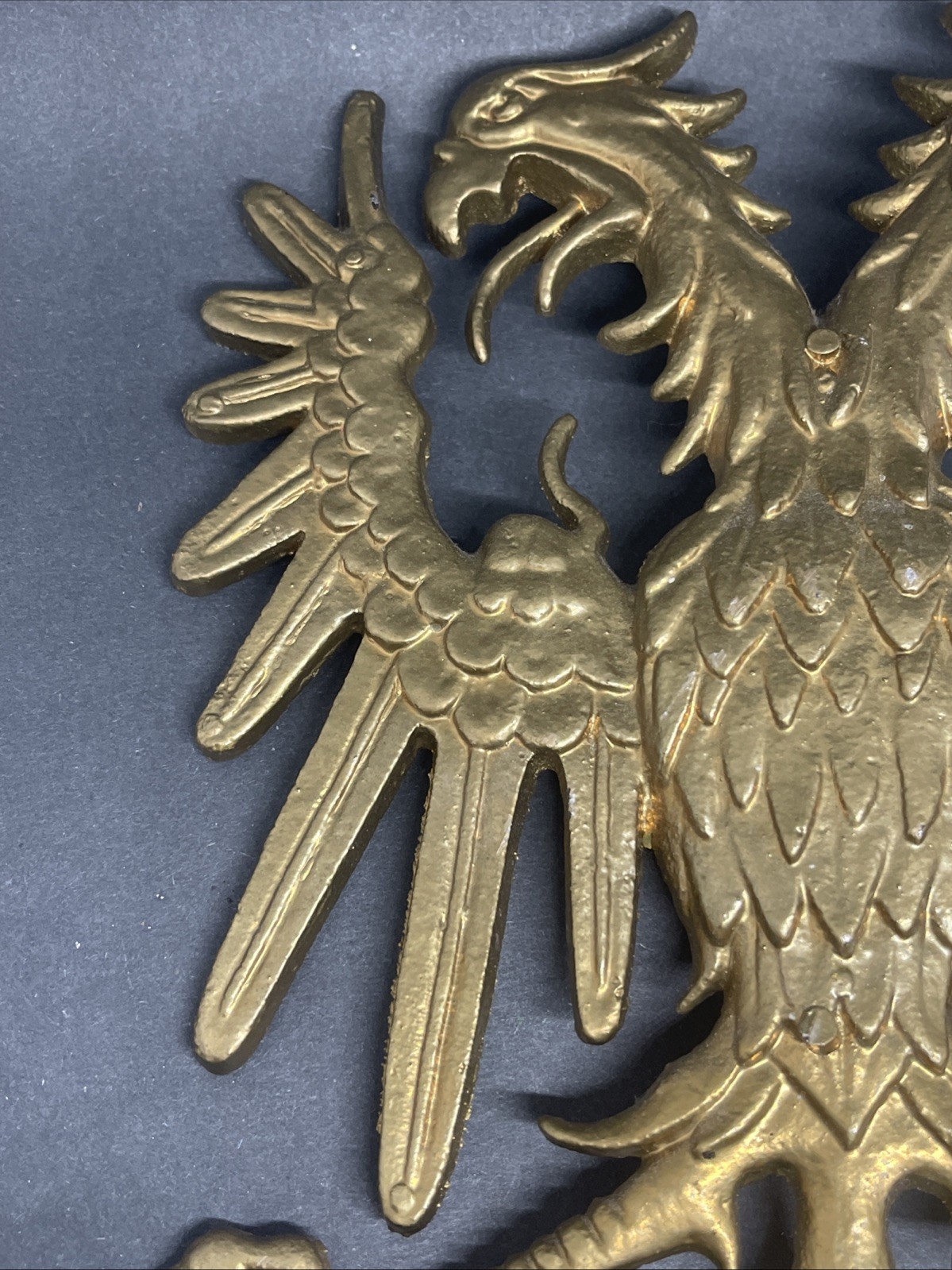 Vintage Double Headed Eagle Cast Metal Wall Decor Gold Gilded 13”