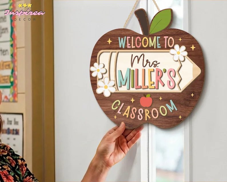 Personalized Apple Teacher Name Door Sign, 3D Welcome Classroom Decor