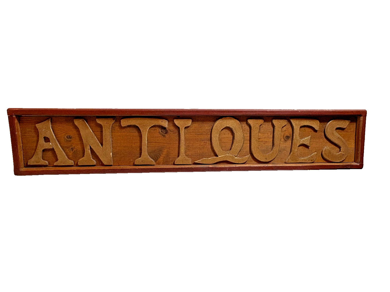 Vintage 39″ ANTIQUES Display Sign Carved Wood Red Border Folk Art Gold Letters