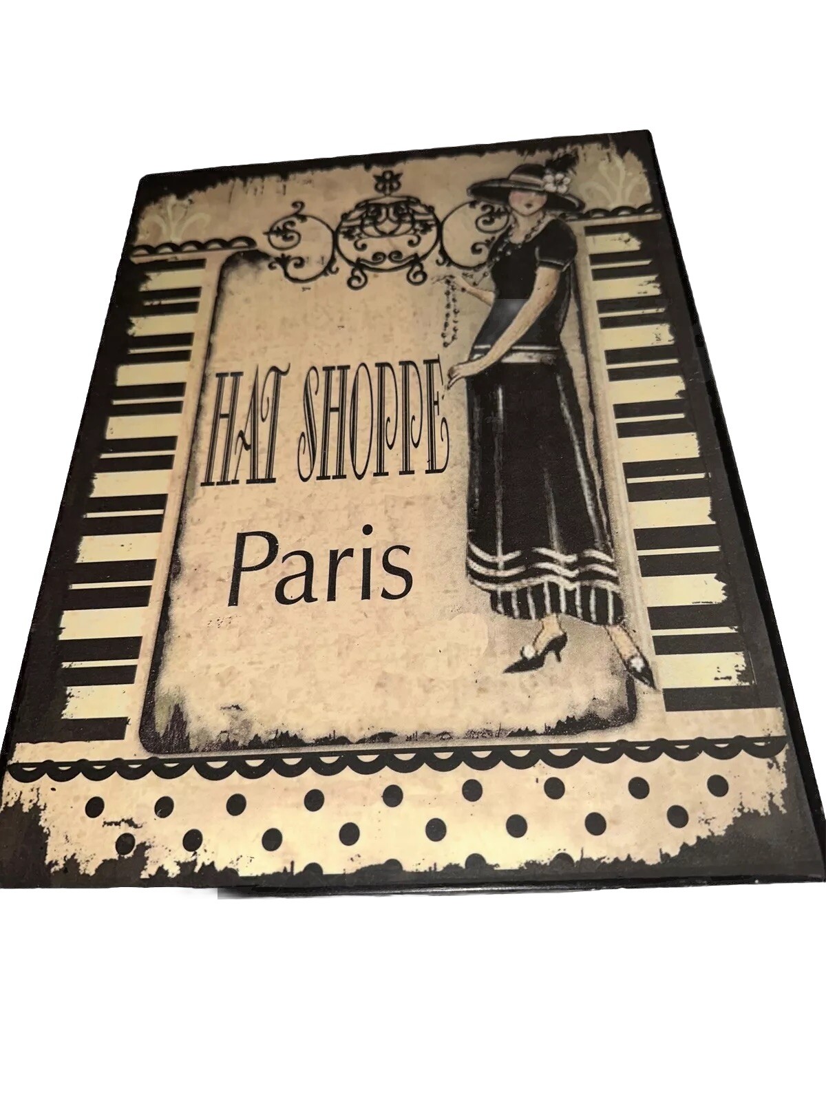Paris Hat Shoppe Beige & Black Wall Decor Sign Home Decor Plaque 8.5×9.5