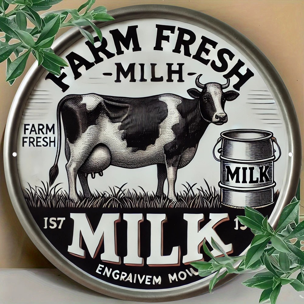1x Vintage Farm Fresh Milk Metal Wall Sign 8.0×8.0in Rustic Cow&Milk Can Design↗