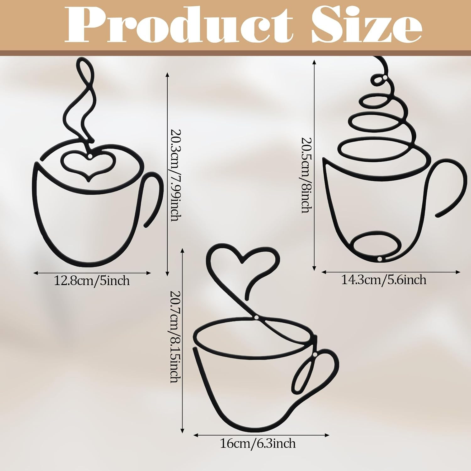 3 Pcs Coffee Cup Metal Wall Art Metal Coffee Sign Wire Hanging Bar Decor Vintage