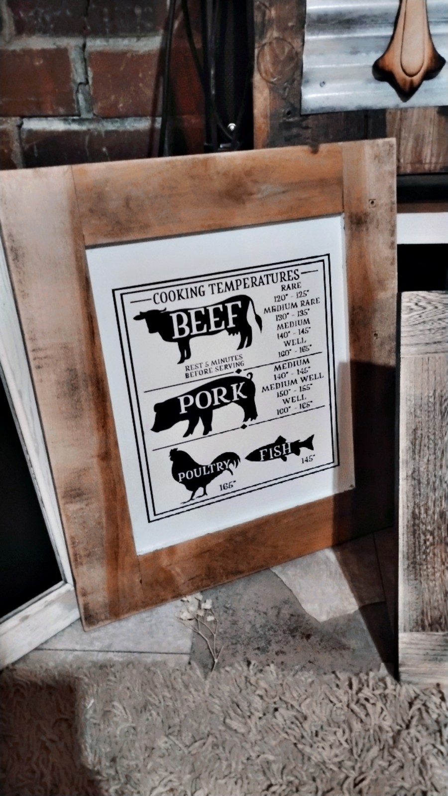 Rustic Framed Wood Cooking Temperatures Meat Chart Kitchen Sign, Brown/White