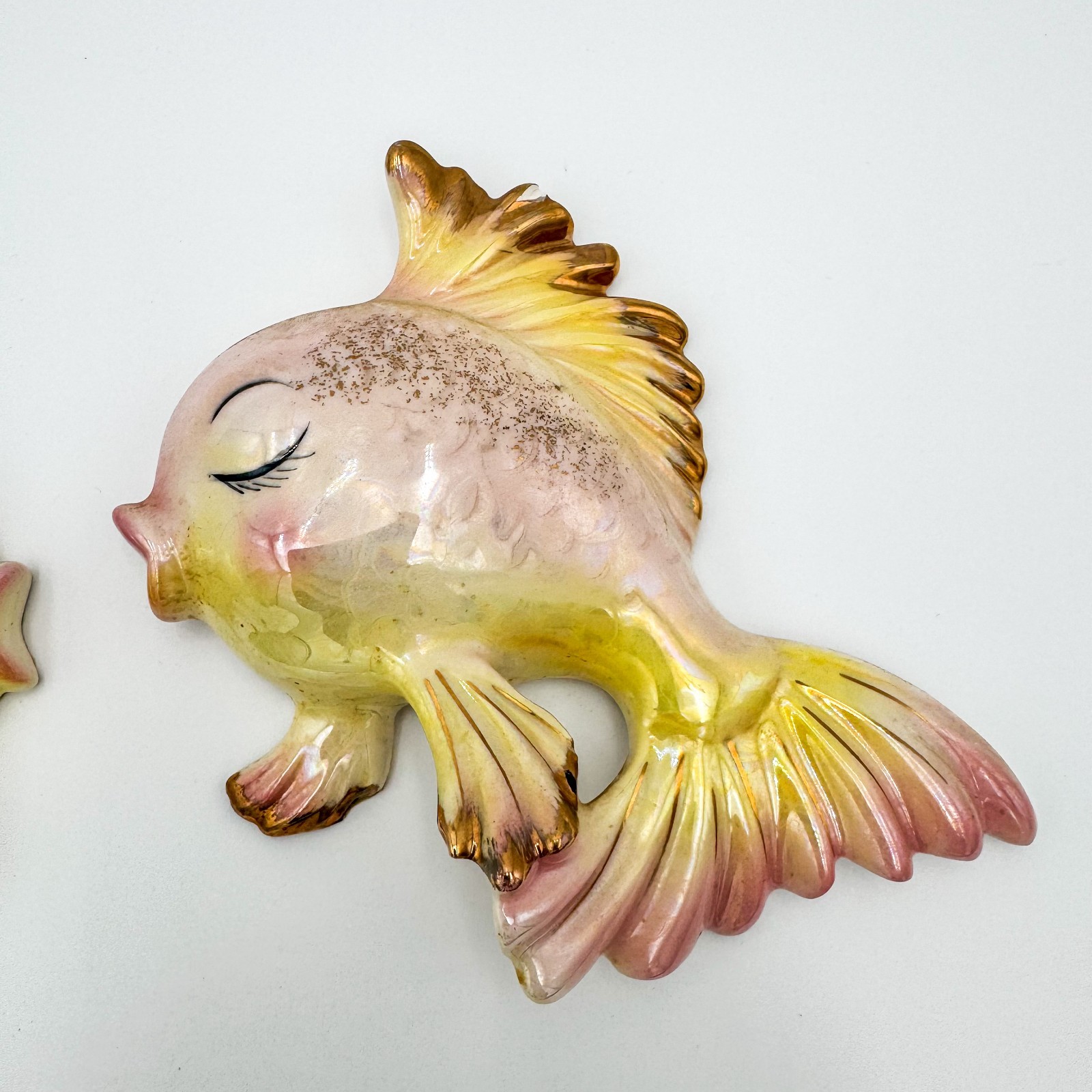 Vintage Norcrest Ceramic Blue Pink Kissing Fish Wall Plaques Decorations Kitsch
