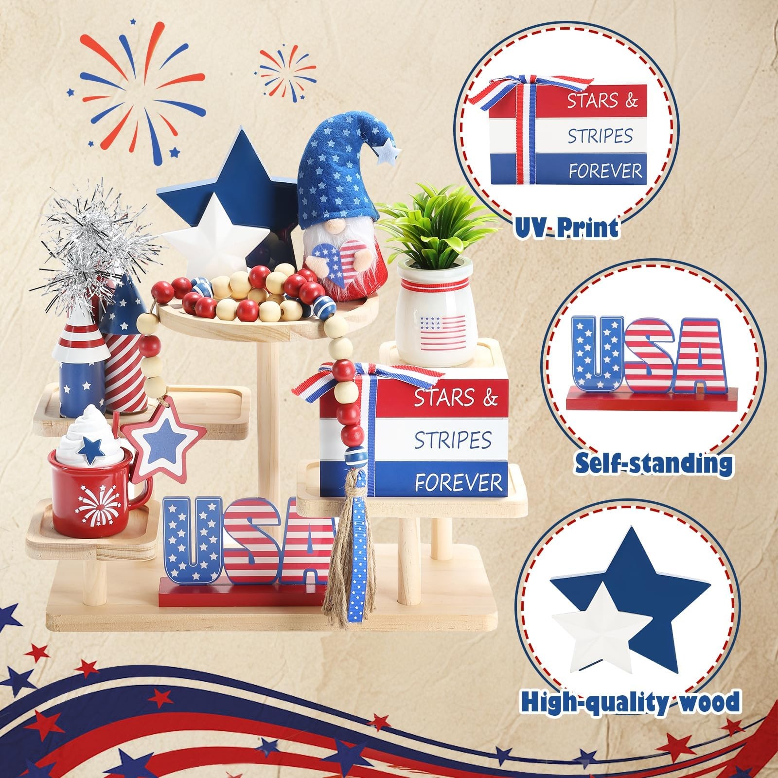 4th of July Decorations 8 Pcs Tiered Tray Decor, Patriotic Memorial Day Indep…