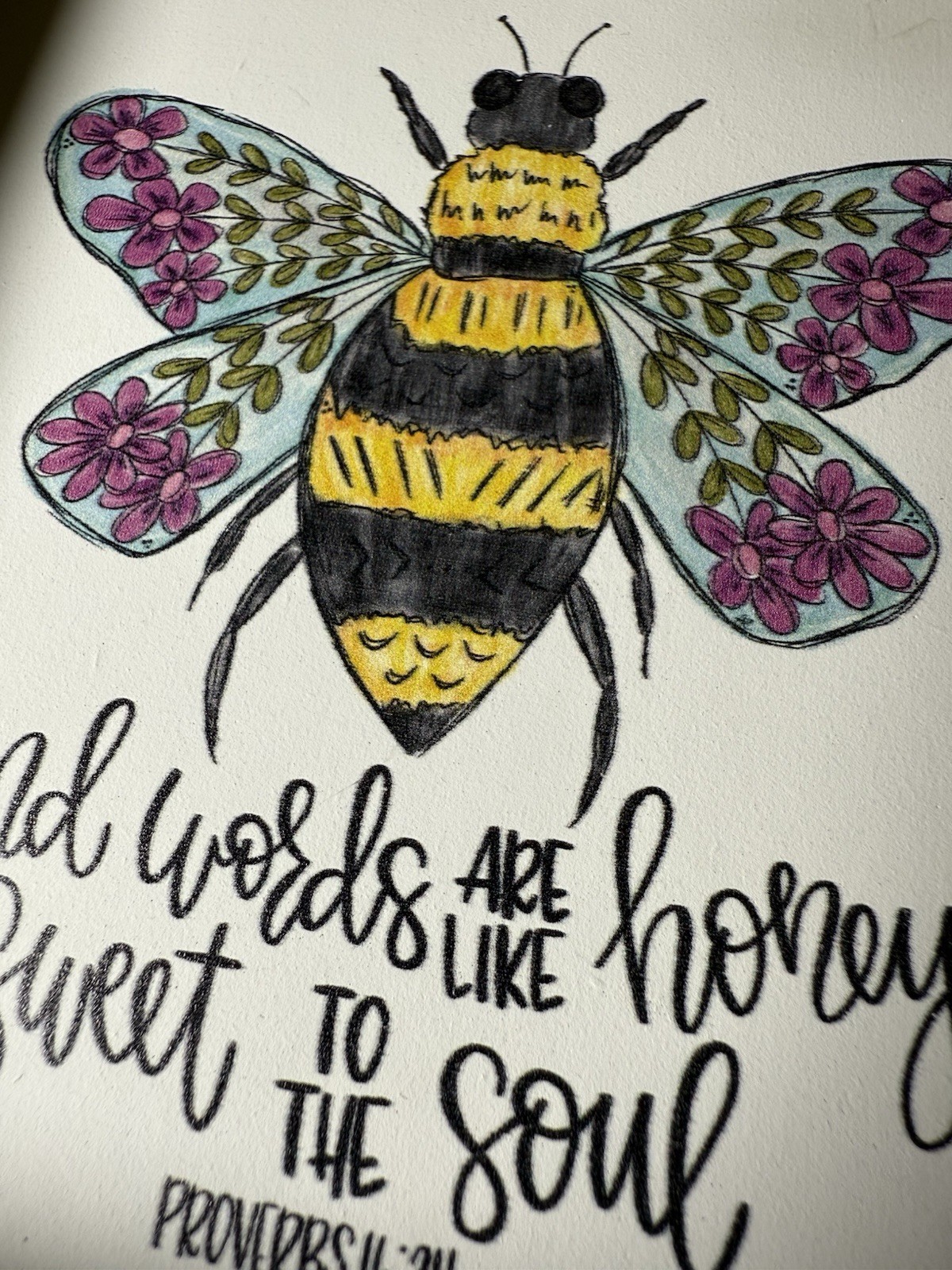 Handmade Bee Floral Bible Verse Sign Proverbs 16:24 “Kind Words Are Like Honey”