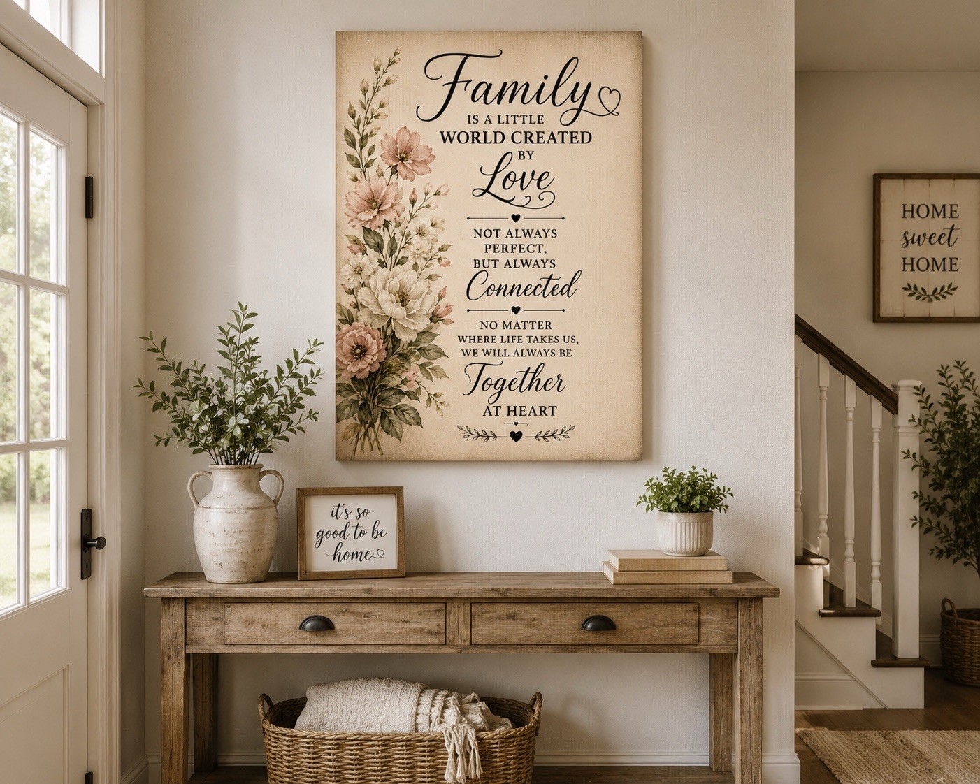 24×36 Vintage Floral Family Quote Wall Sign, Wood Canvas Decor, Living Room