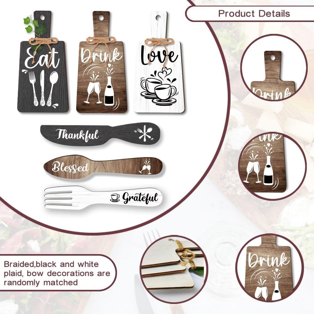 6pcs Kitchen Wall Decor Start Drink Sign Set Wood Pendant Accessories Mini Wo…