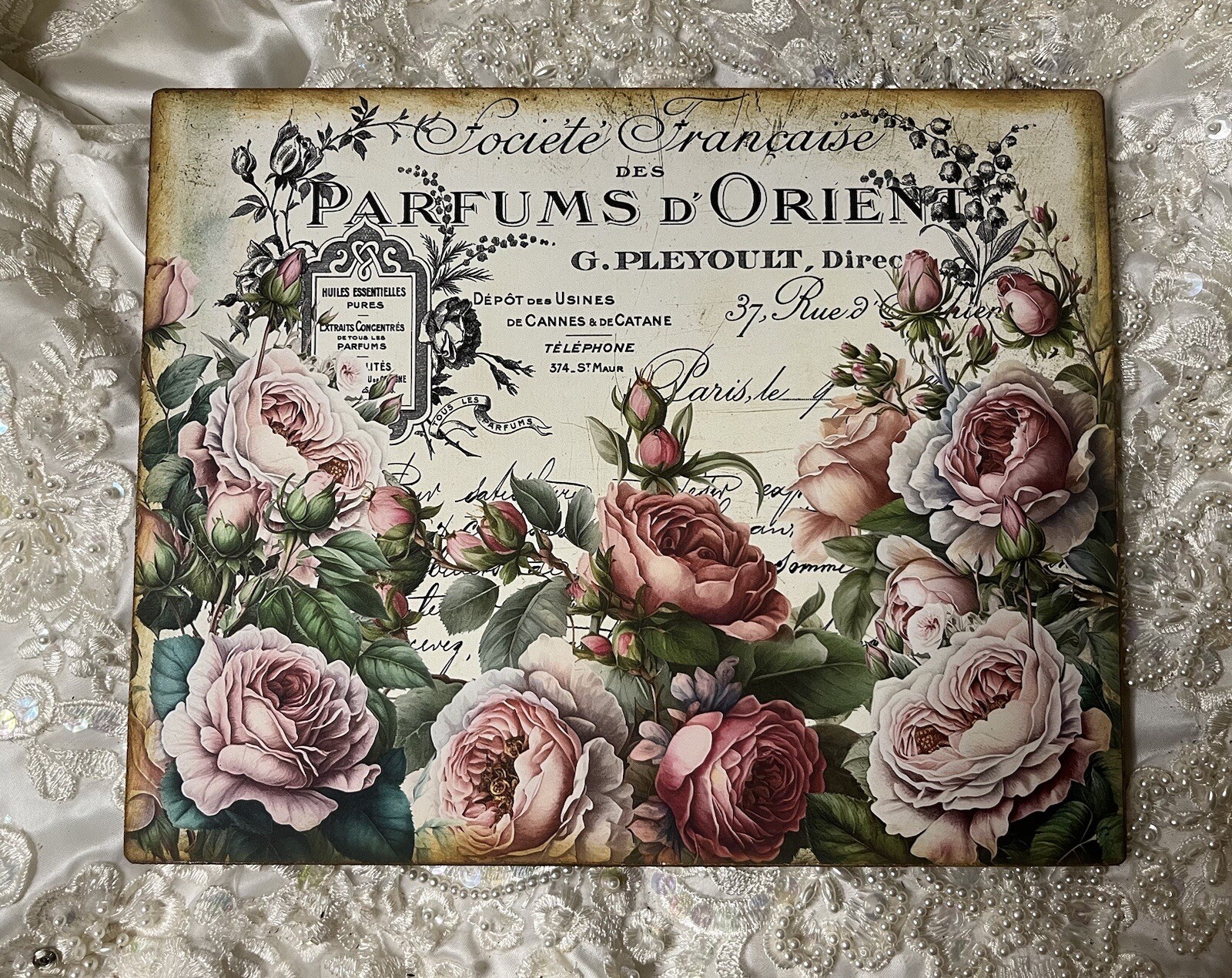 Paris, Peonies Roses French Perfume Shabby Chic Handcrafted Plaque / Sign