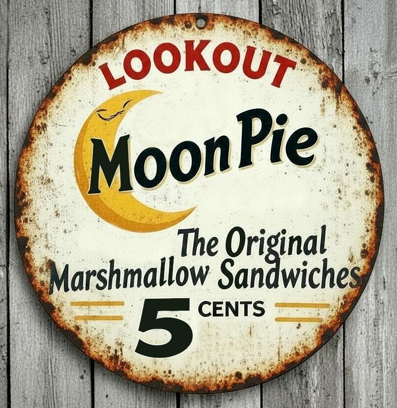 Moon Pie 5 Cents 8″ Diameter Vintage Novelty Metal Sign Made In USA
