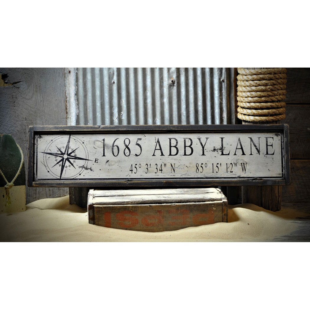 Custom Address Lat & Long Sign – Rustic Hand Made Vintage Wooden