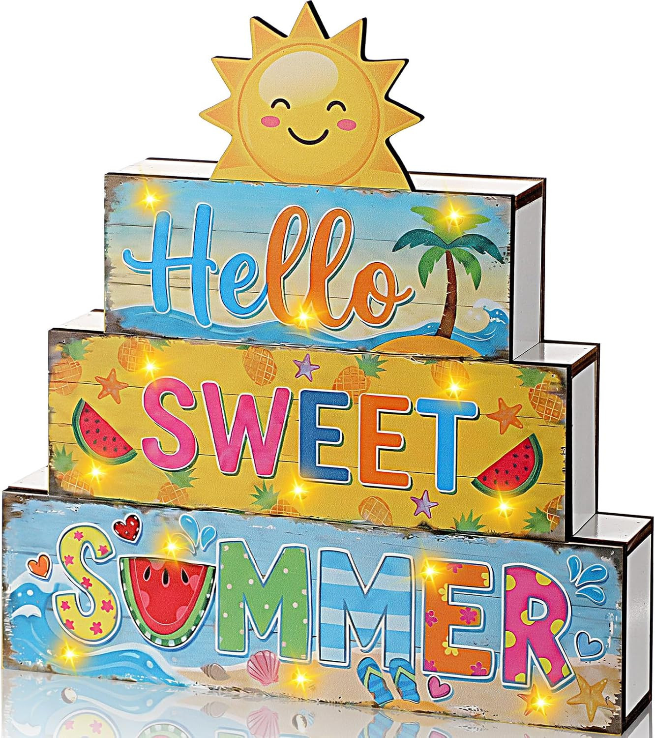 Hello Summer Decorations Sun Wooden Sign with 13 LED Lights Indoor Tabletop Gift