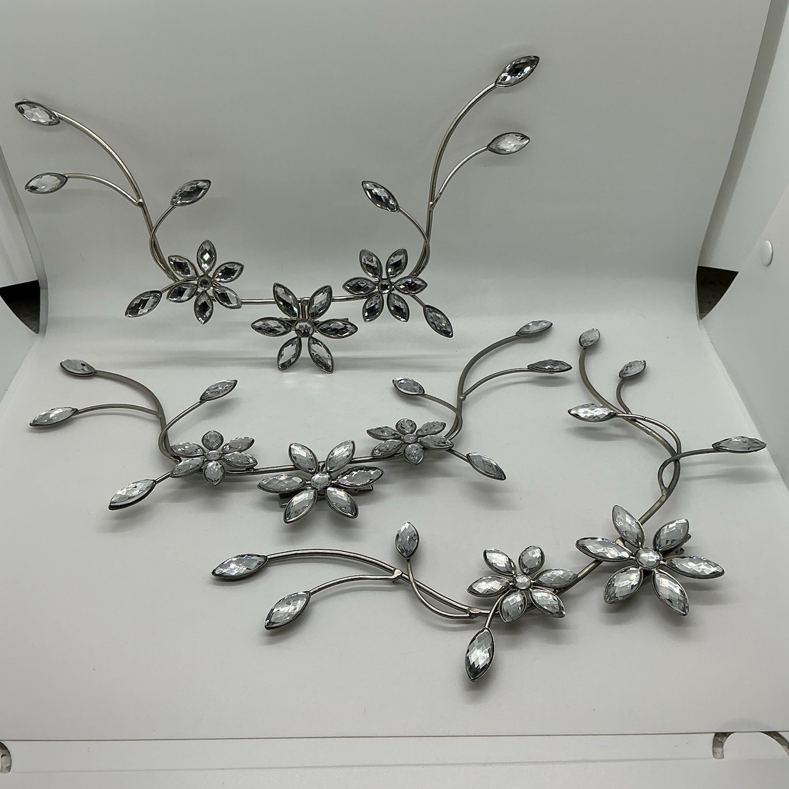 Set Of Metal Floral Wall Decor W/ Silver Gray Finish W/ Crystal Accents Lot Of 3