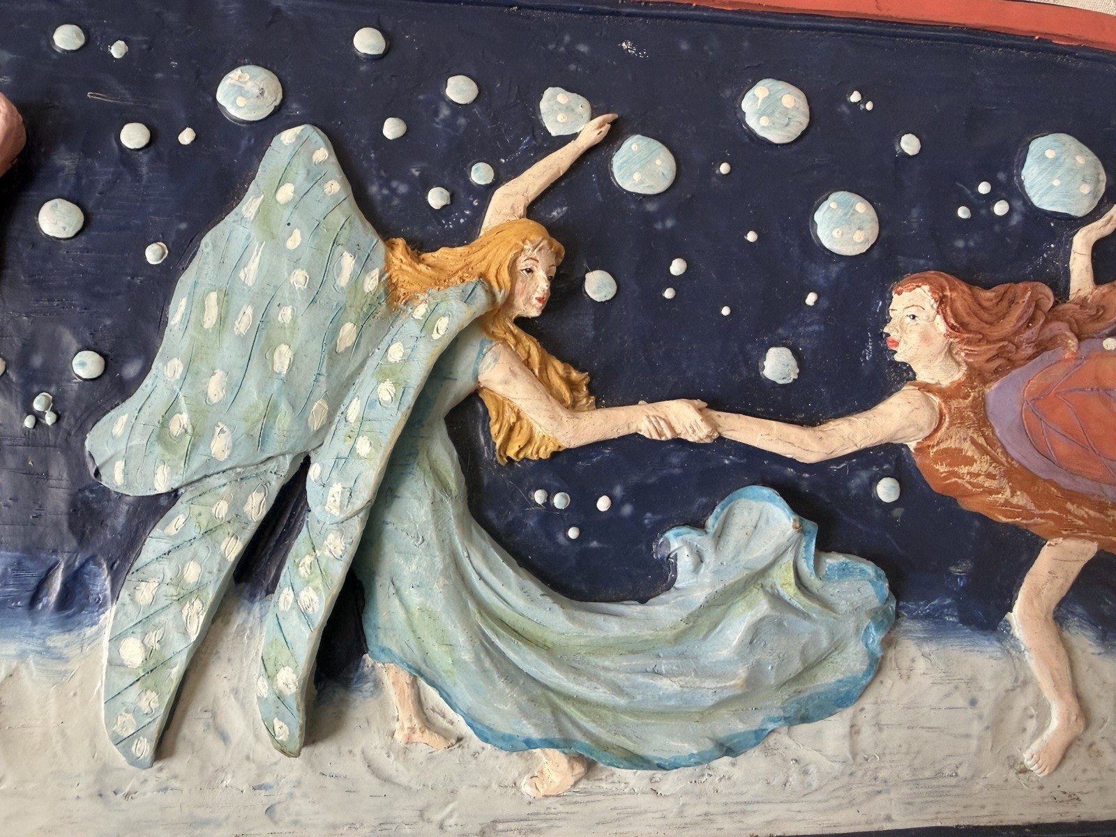 Vintage Multicolor Playing Dancing Fairy Sculptured Resin Moon Wall Art