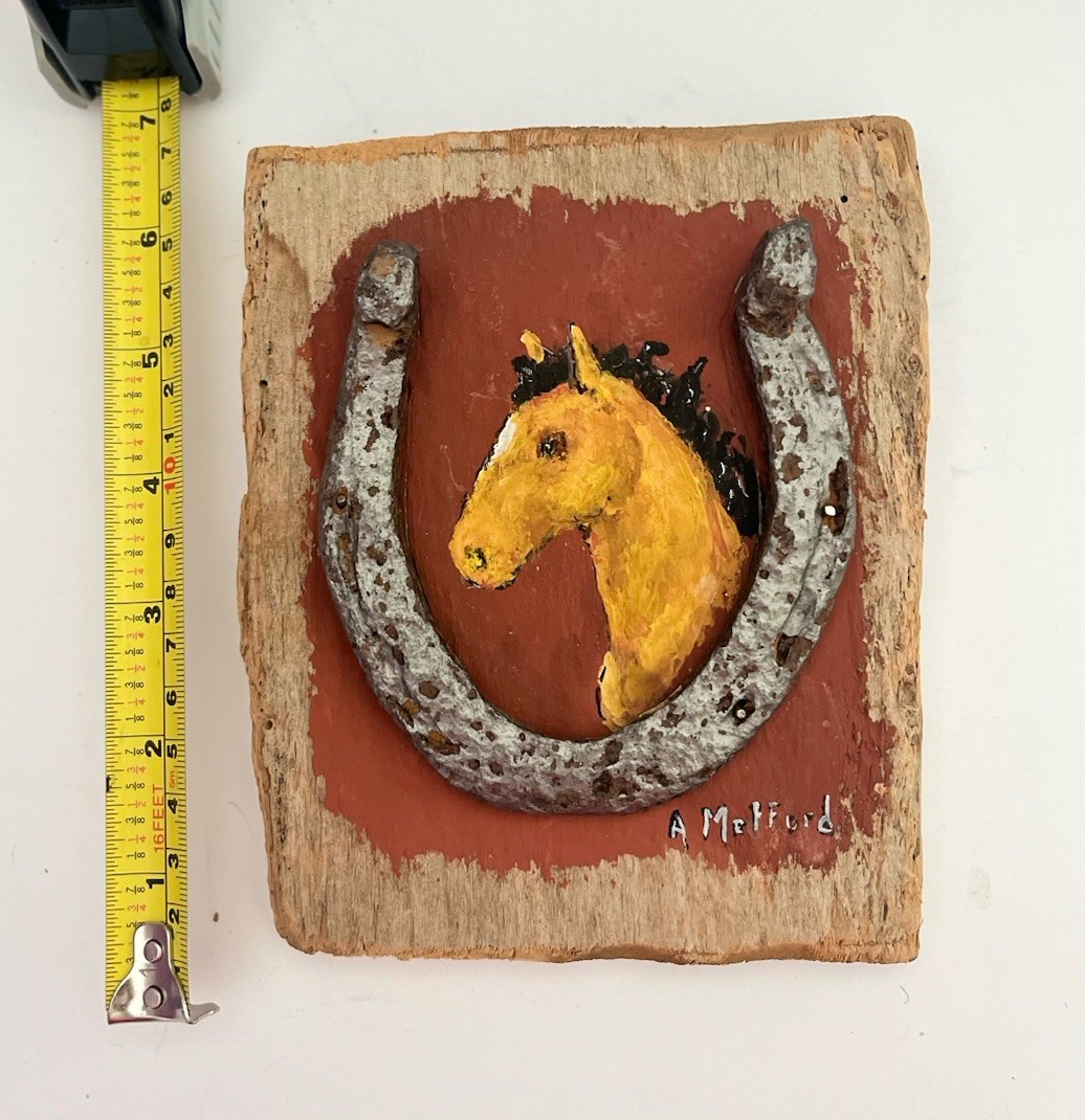 Hand Made Unique Wood Painted Horse Plaque w/ Horse Shoe Signed 5×7 SALE!