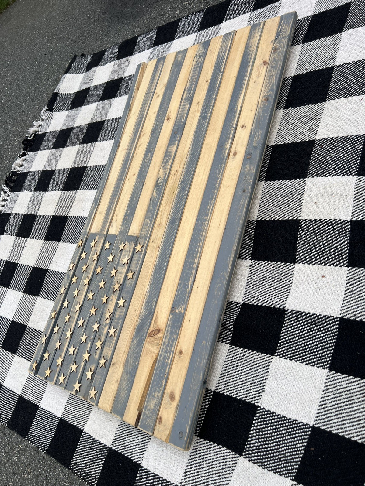 RUSTIC WOODEN AMERICAN FLAG IN STOCK 37 in x 19 in gray