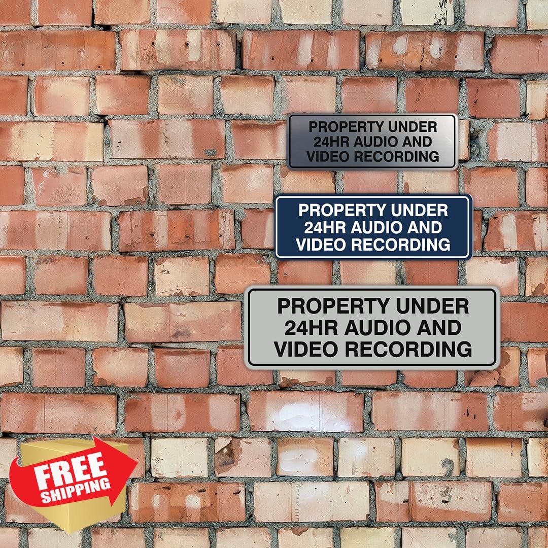 24hr Audio Video Recording Sign Brushed Silver Wall Door Medium