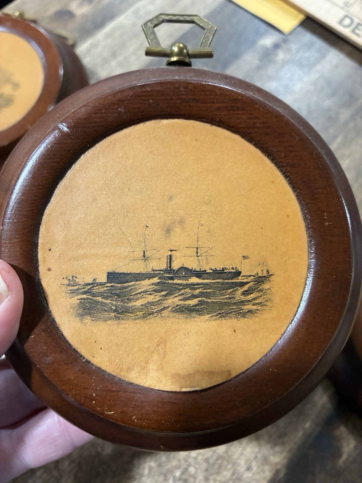 Wooden Ship Illustration Wall Hanging, Round, 4 Inch Diameter, Set of 4