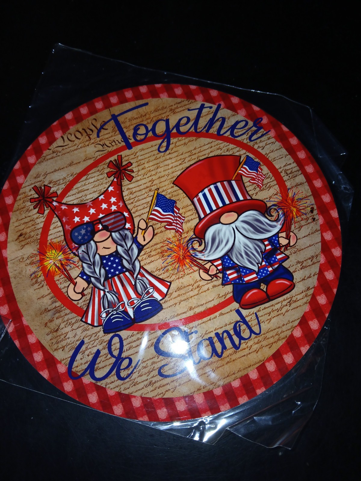 Patriotic Round Painted Wreath Sign “Together We Stand” Gingham Decor