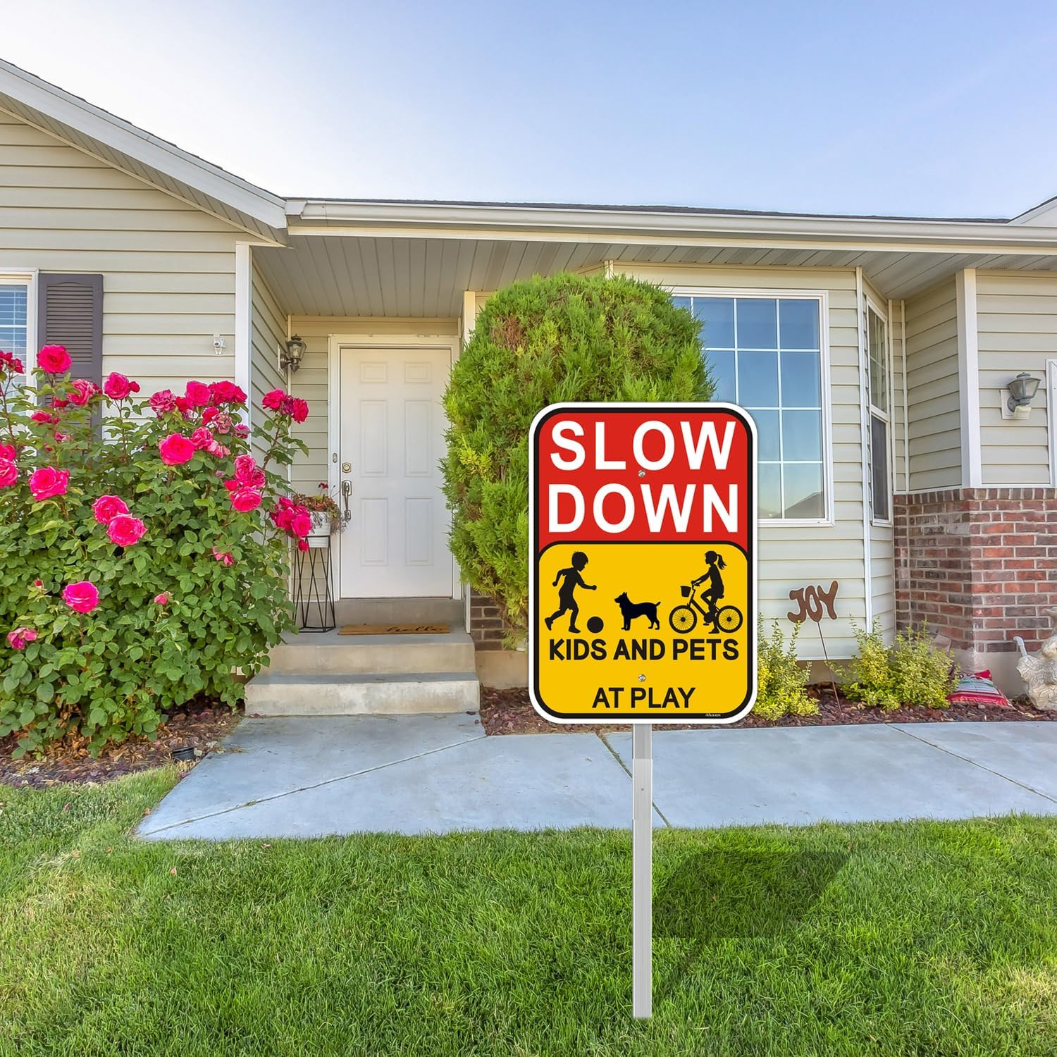 Slow Down Kids Pets At Play Sign w Stake Aluminum Safety Yard Sign 2 Pack 14×10