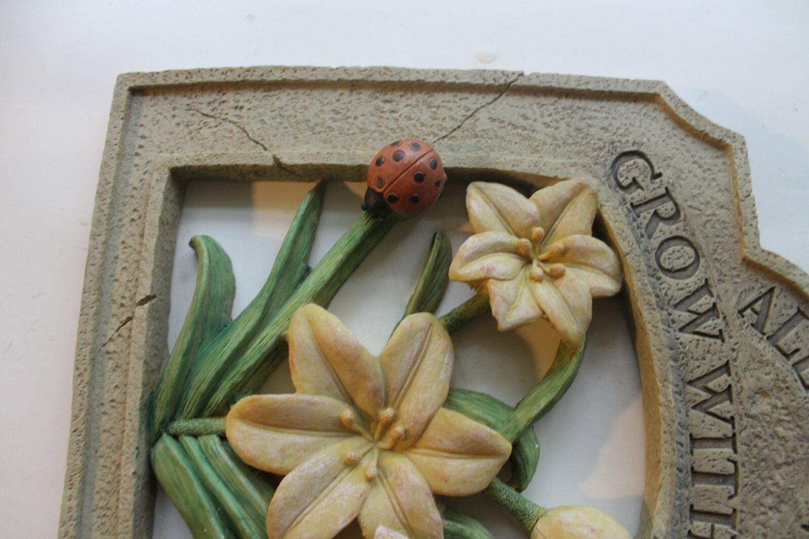 Distressed Resin Sign-” All Things Grow With Love” with Flowers and Ladybug