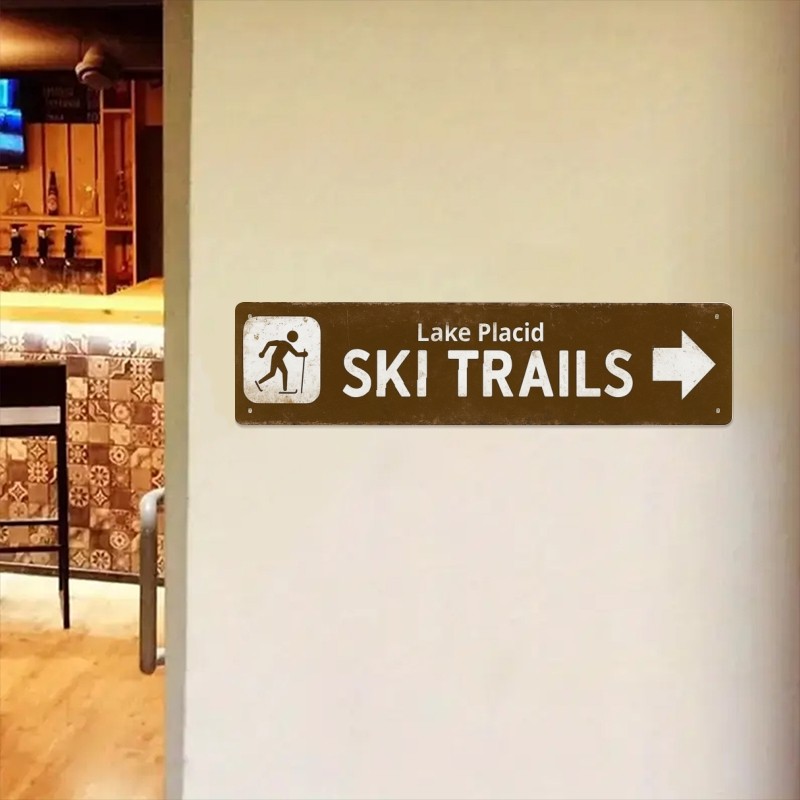 Lake Placid Ski Trails Vintage Brown Metal Sign Ski Lodge Cabin Wall Decoration