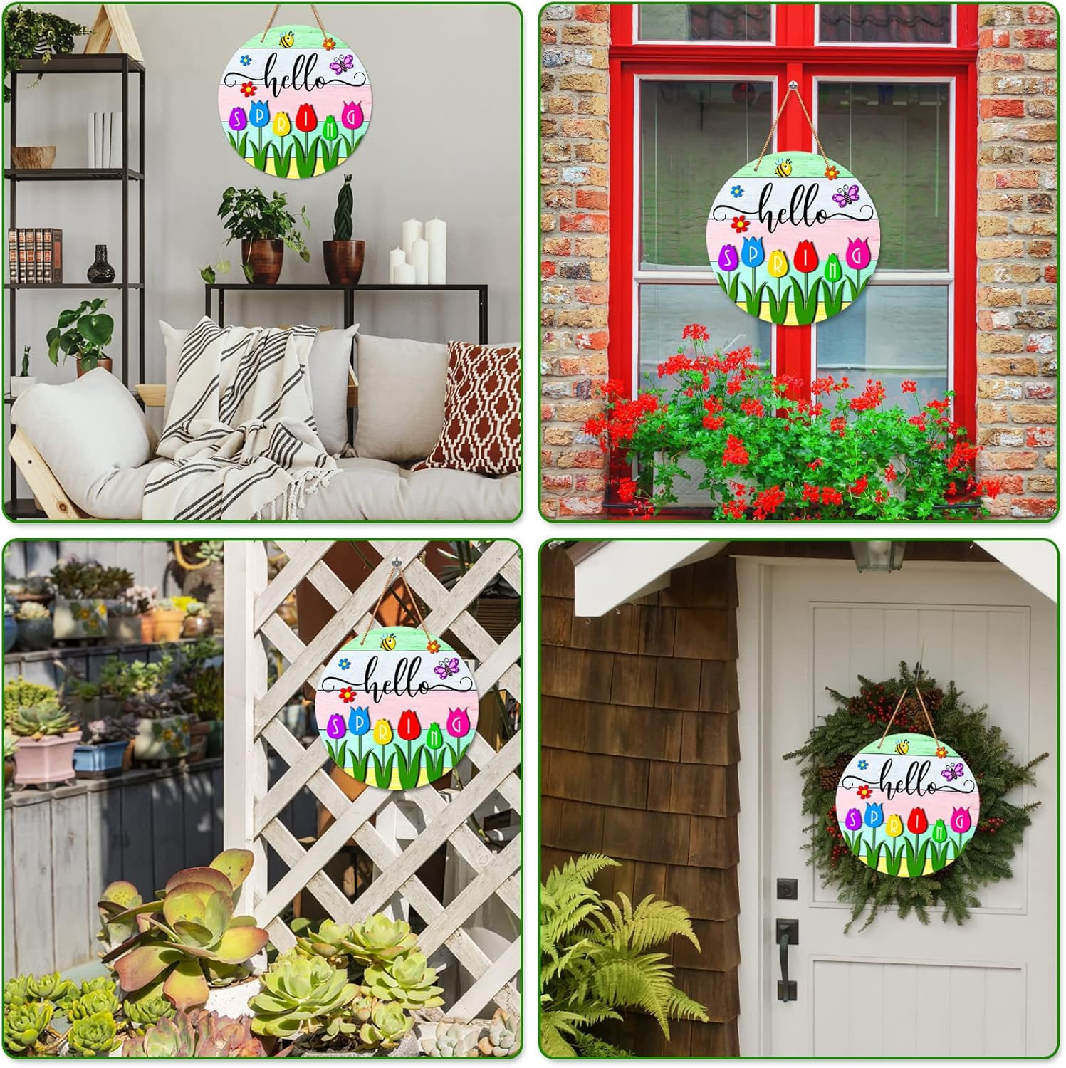 Hello Spring Door Decorations Colorful Tulip Flowers Spring Wreath Sign for Fron