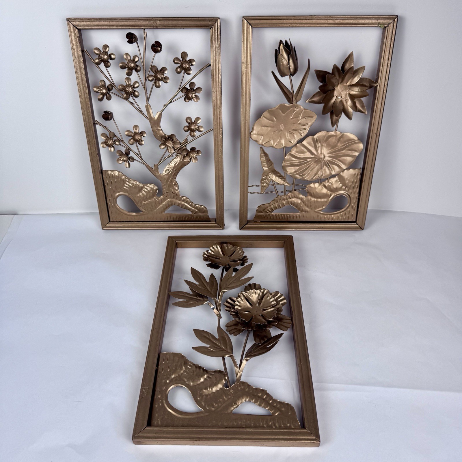 3 MCM Metal Art Gold 11X7 Wood Frame 3D Lily Pads Flowers Wall Hanging