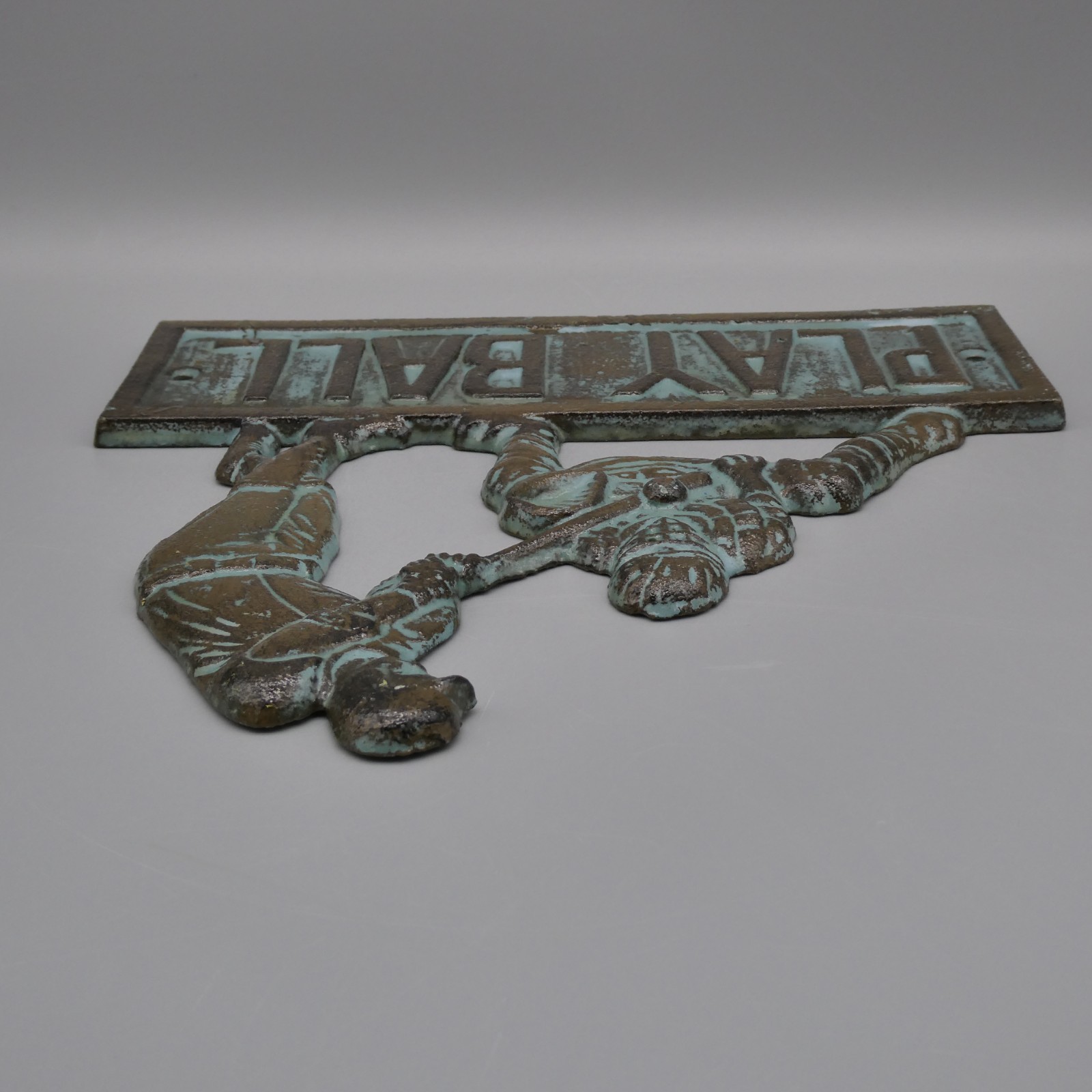 PLAY BALL Baseball Cast Iron Wall Plaque Batter Catcher Brown Green Patina 8.5″