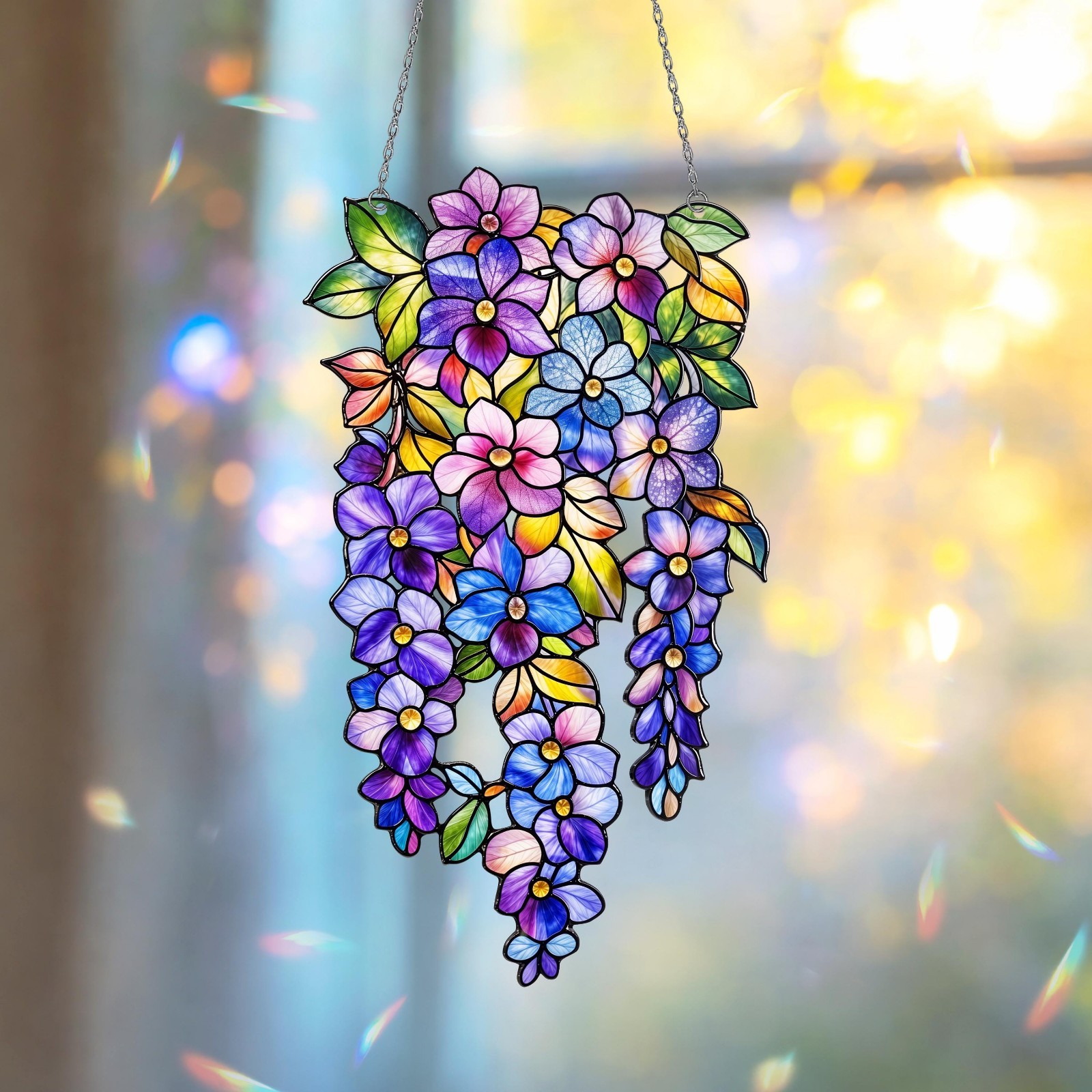 Floral Window Suncatcher with Wisteria Flowers, Elegant Spring Decor, Hanging
