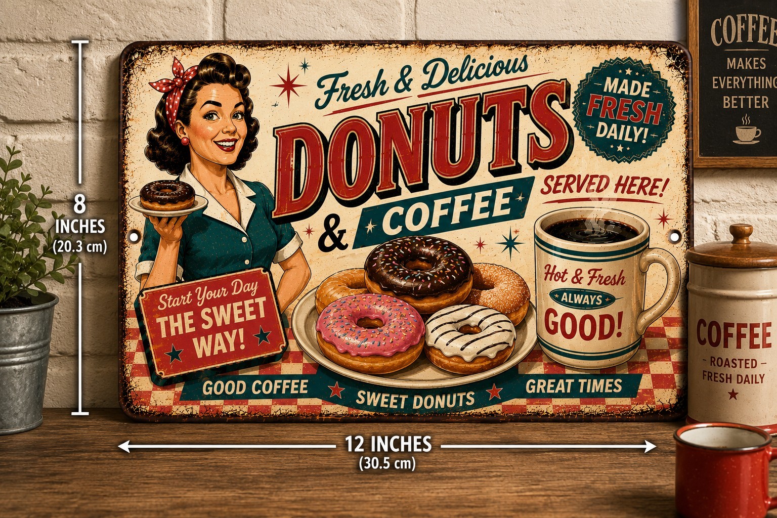 Retro Donuts Coffee Tin Sign Vintage Diner Bakery Kitchen Wall Decor Gift