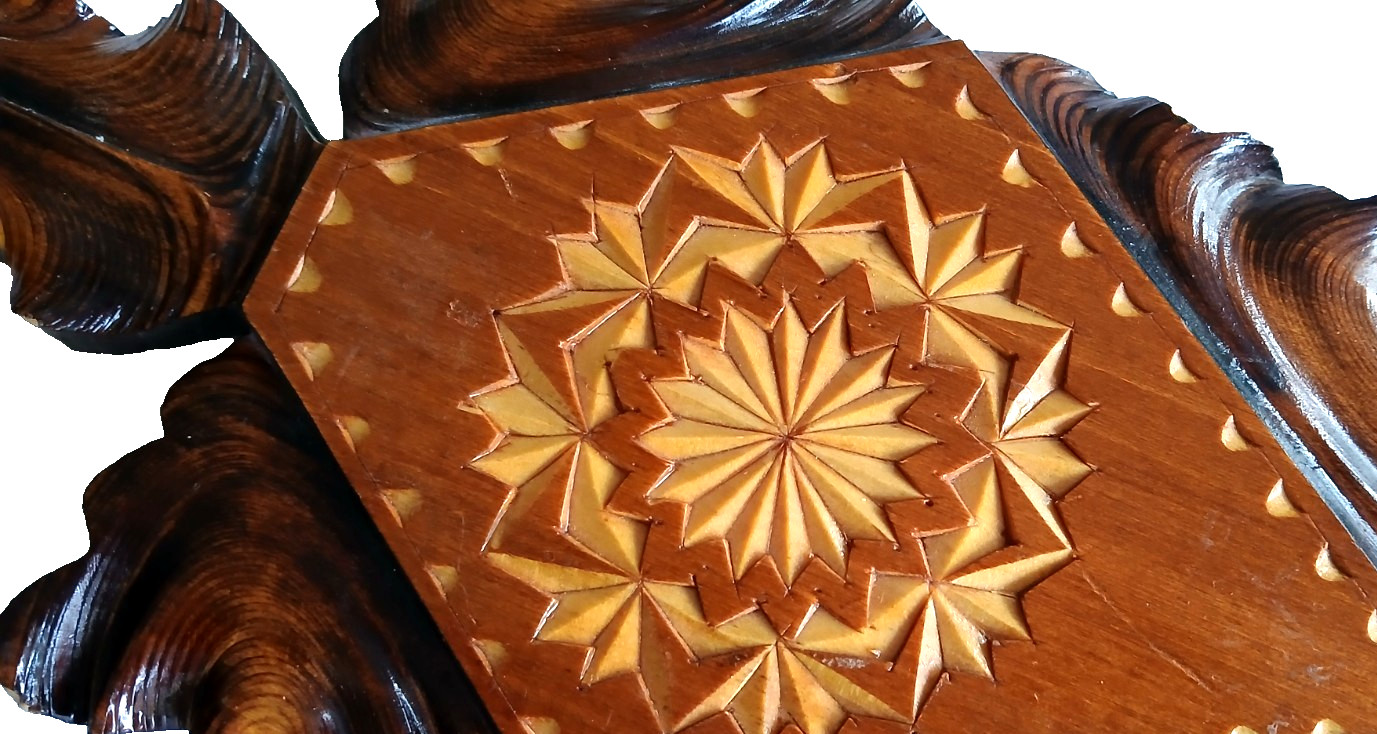 Chip Carved Solid Wood Stained Wall Plaque Folk Art Geometric Inlay Pattern 12″