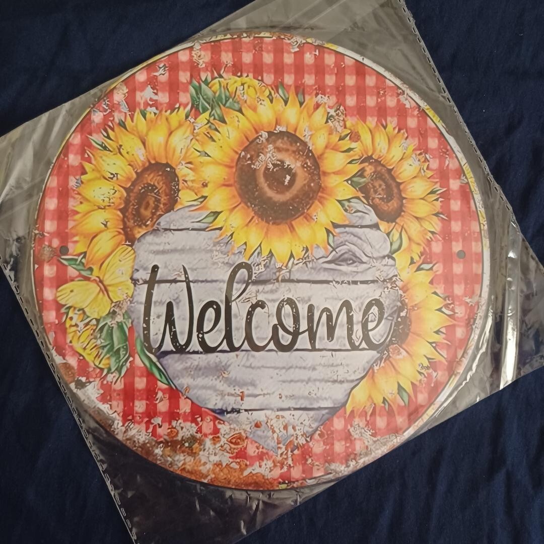 8″ Round Metal Sign Rustic Indoor Outdoor Flowers Love Happy Wall Art Welcome #1