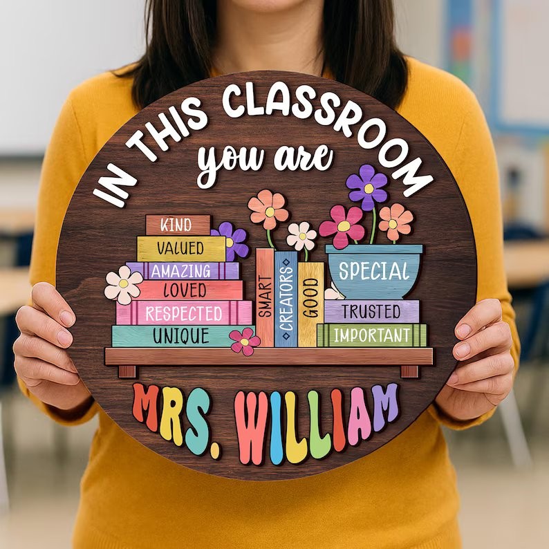 Custom Teacher Door Hanger: In This Classroom, Personalized Wood Sign
