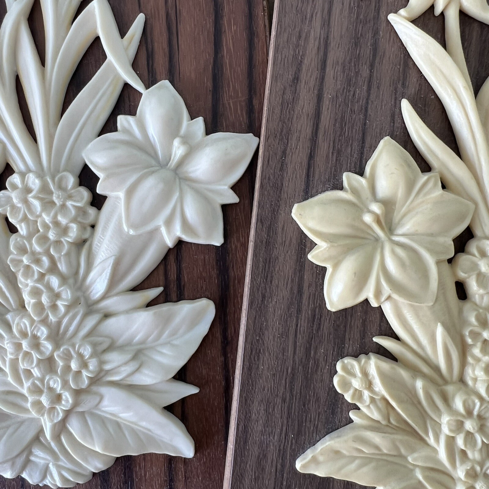 2 MCM Wall Relief Plaques Flowers Plastic Faux Wood Grain West German Vintage