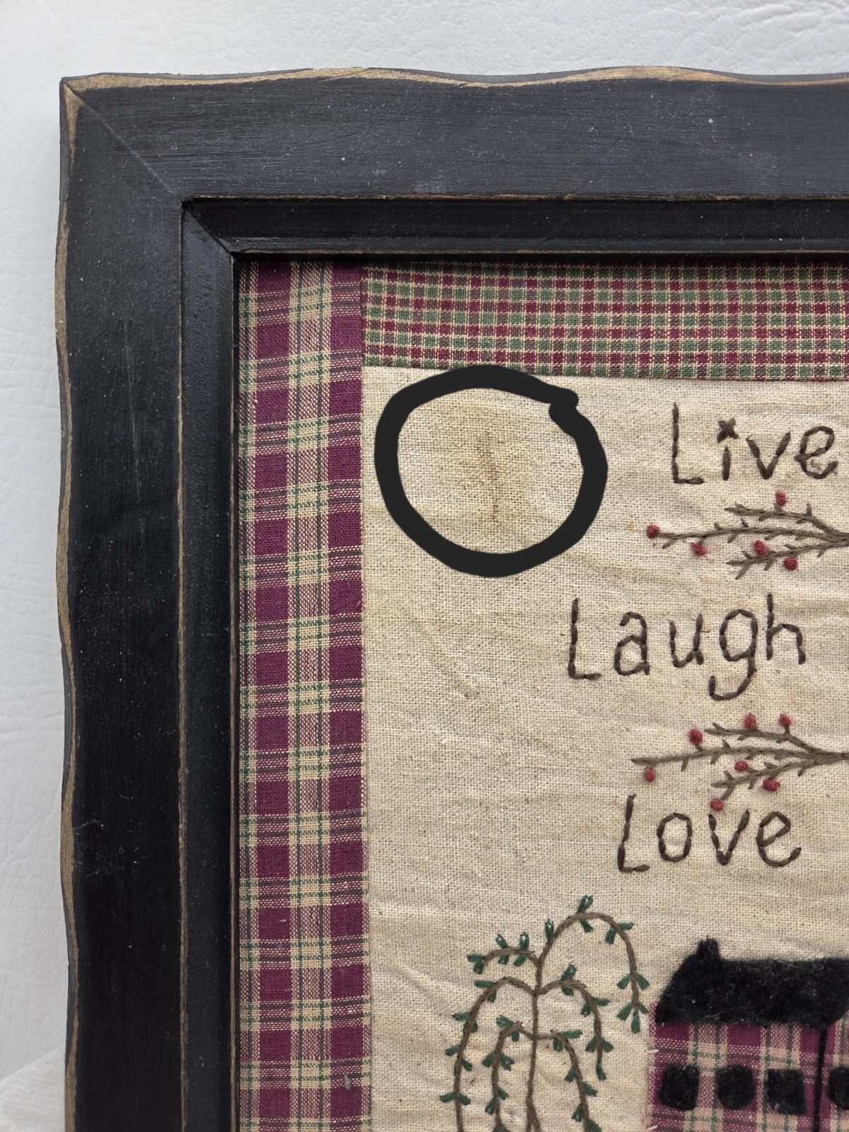 Primitive Style Framed Quilt Block Stitched Saltbox House Willow Tree Checkered