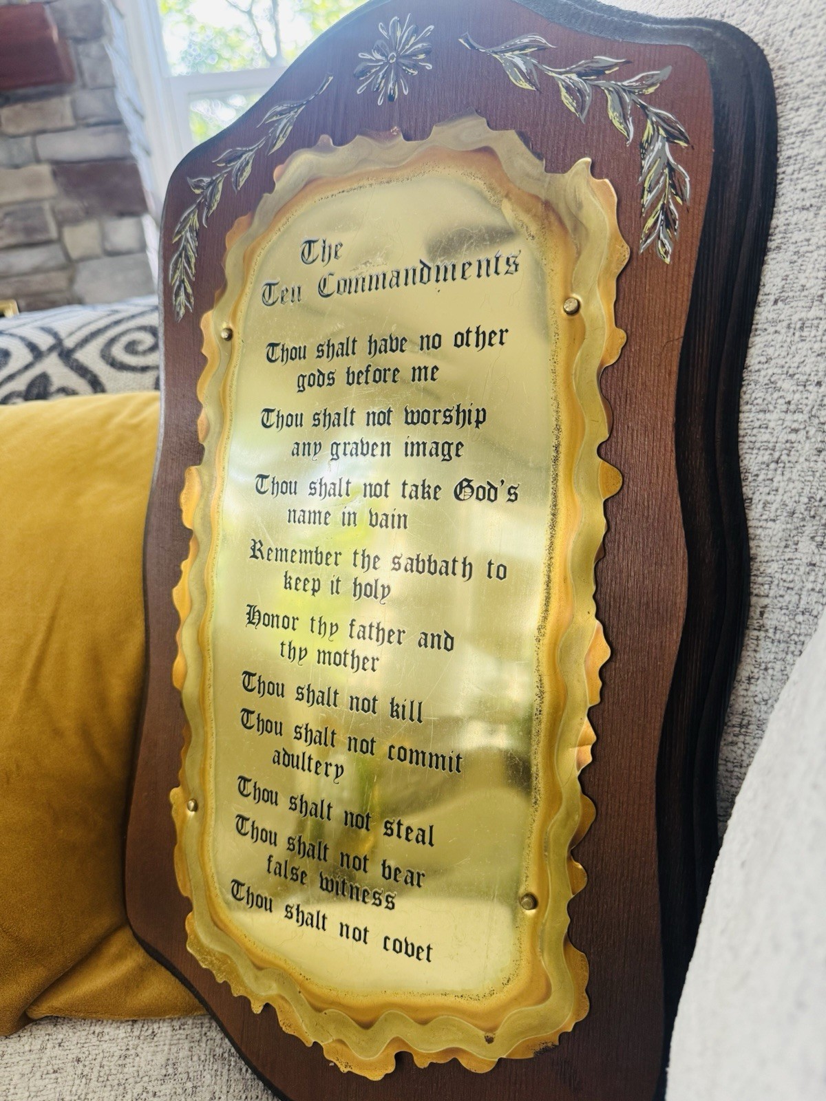 Ten Commandments Christian Wood & Gold Finish Metal Hanging Wall Plaque