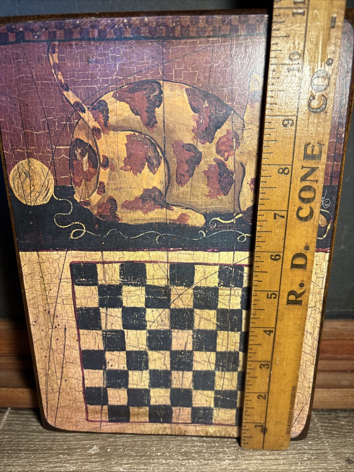 Cat Yarn Ball Primitive Wooden Checkerboard Wall Hanging Davis Folk Art Wood D8