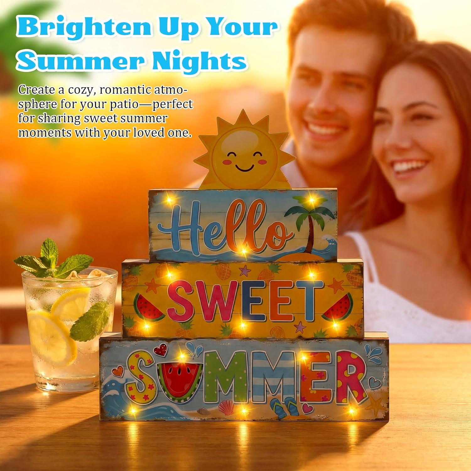 Hello Summer Decorations Sun Wooden Sign with 13 LED Lights Indoor Tabletop Gift