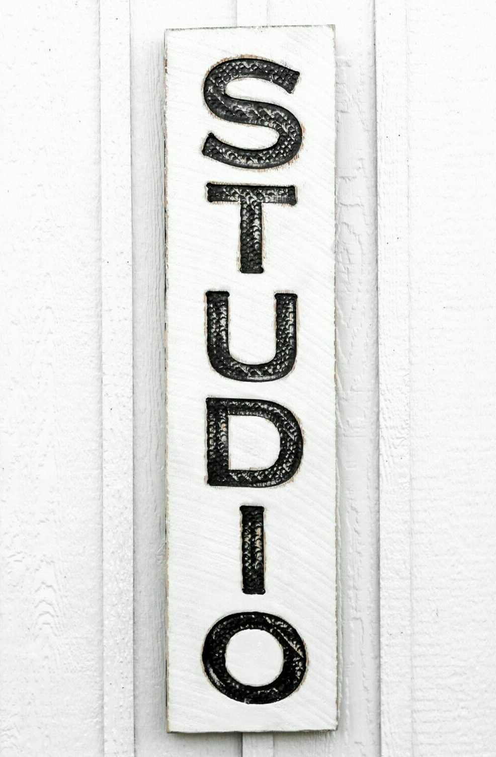 Vertical Studio Sign – Carved in a Solid Wood Board Rustic Distressed Office